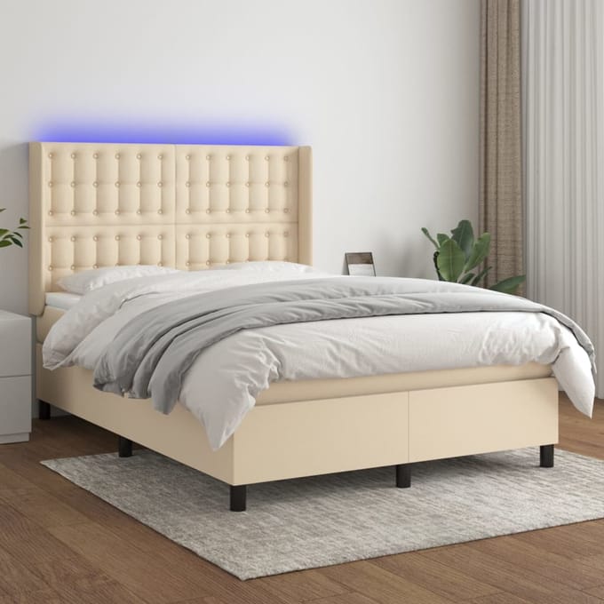 vidaXL - Boxspring - met - matras - en - LED - stof - crèmekleurig - 140x190 - cm