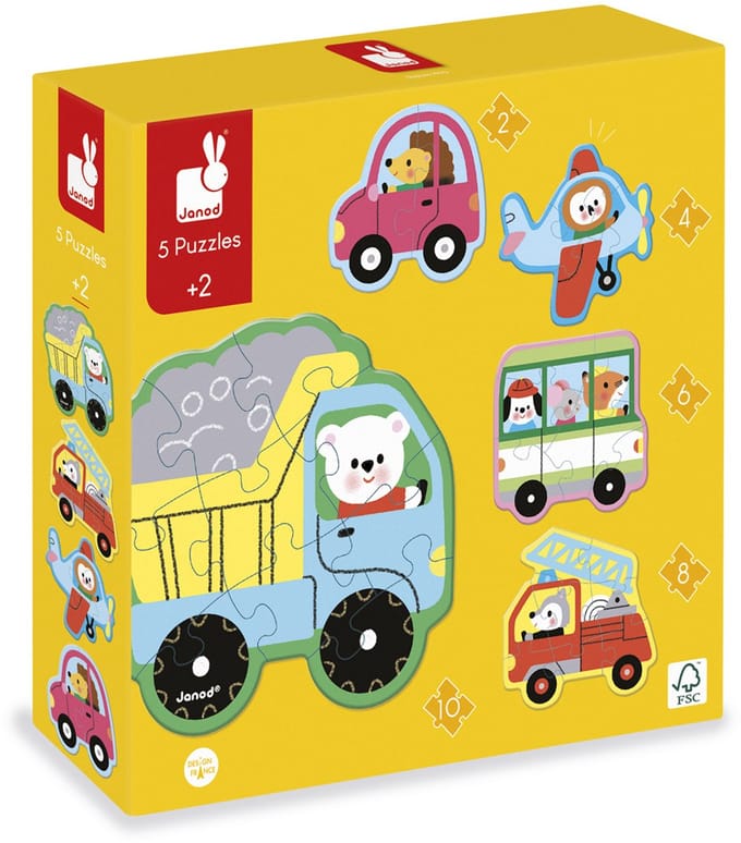 Janod - Puzzel - Voertuigen - 2, 4, 6, 8 en 10 stukjes