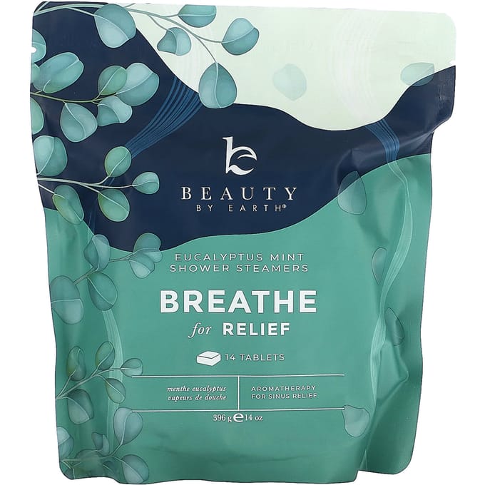 Beauty By Earth, Breathe for Relief Shower Steamer, Eucalyptus Mint, 14 Tablets blue