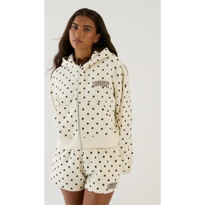 Dames Dsgn Studio Boxy Crop Hoodie Met Stippenprint | Ecru | Maat: Large