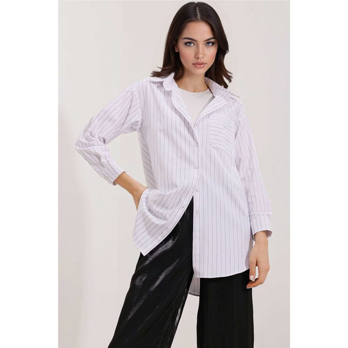 Overmaatse Gestreepte Poplin Shirt met Pocket