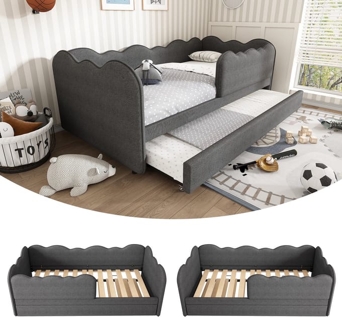 Clruro Slaapbank - 90x190 cm - Daybed met Uitschuifbed en Lattenbodem - Linnen - Grijs