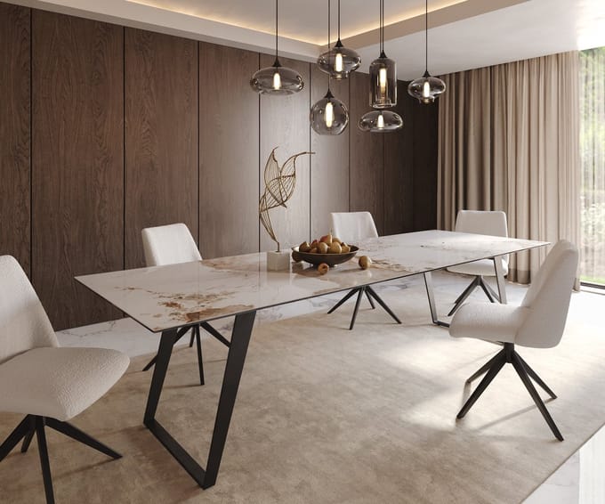 Eetkamertafel Edge keramiek Minas Melange wit-beige 300x100 metaal schuin zwart