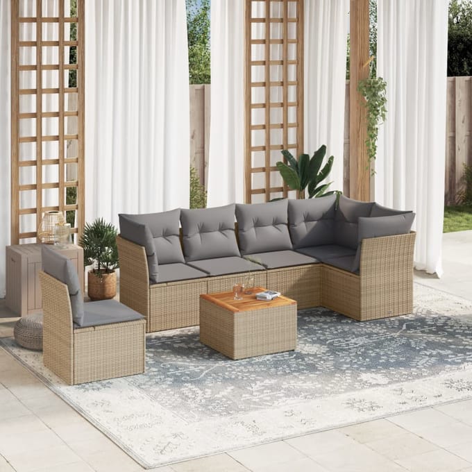 vidaXL - 7-delige - Loungeset - met - kussens - poly - rattan - beige