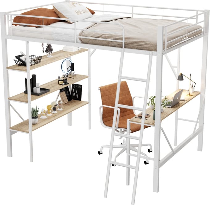 REDOM Bedframe 90x200 cm – Hoogslaper met bureau & 3 opbergrekken – Metaal/MDF – Wit