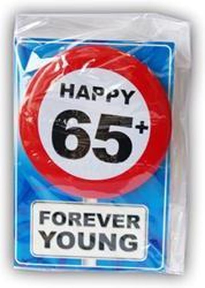 Verjaardagskaart met button 65 jaar