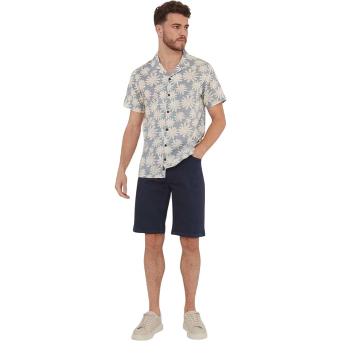 Threadbare Gebloemd herenoverhemd met korte mouwen (Stofblauw)