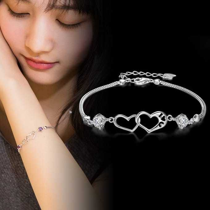 Witgoud verguld S925 zilver Dubbel Hart Amethist Hart tot Hart Dames Armband Mode Sieraden white