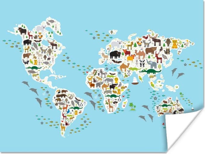 Wereldkaart kinderen - Dieren - Kleuren - 40x30 cm - Poster