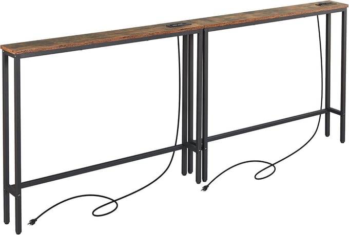 Smalle consoletafel 2 stuks met power-outlets en verstelbare poten - Rustiek bruin