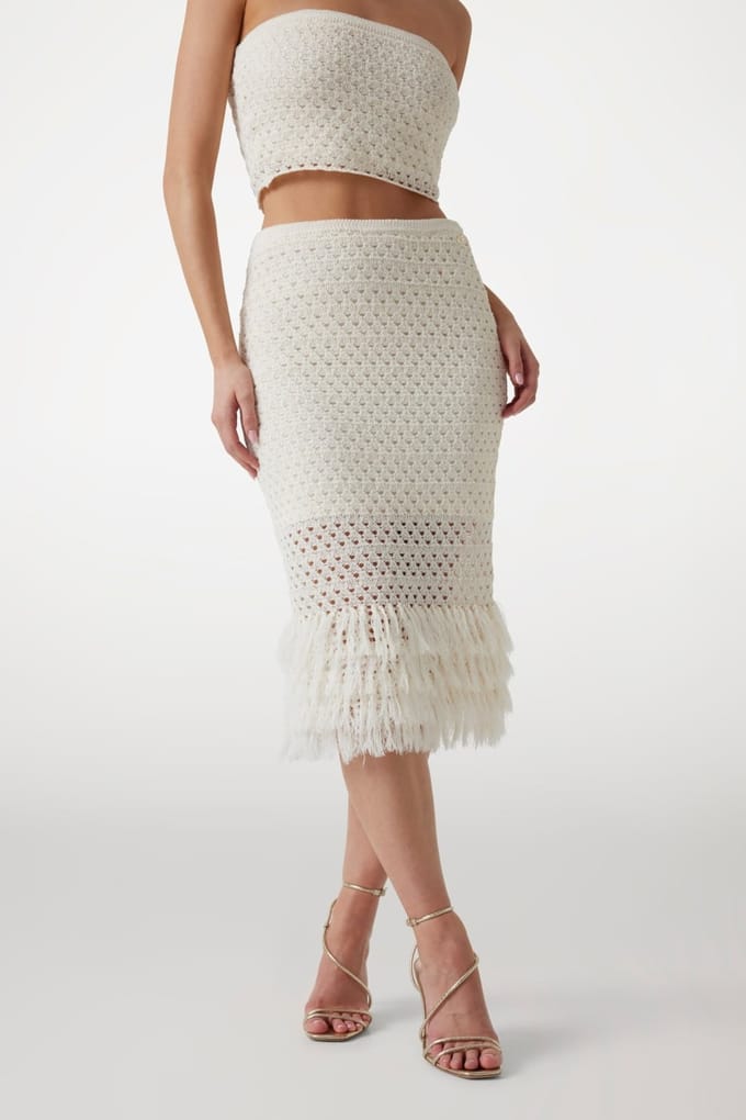 GUESS Luca Fringed Hem Mid Dove White Größe: S | Midiröcke Outlet | Damen | Weiß