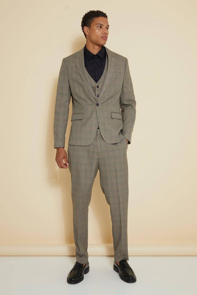 Slim Single Breasted Check Suit Jacket | Brown | Size 48R