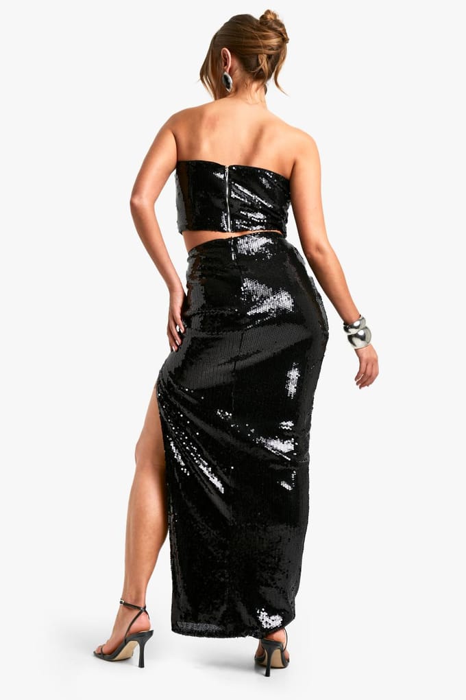 boohoo Dames Pailletten maxi-rok met zij-split | Black | Maat: 10