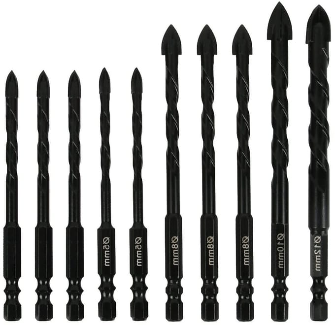 Set van 10 Drietandige Boorbits voor Hout, Metaal en Kunststof - Geschikt voor Tegels, Glas en Hout, Maten 5-12 mm