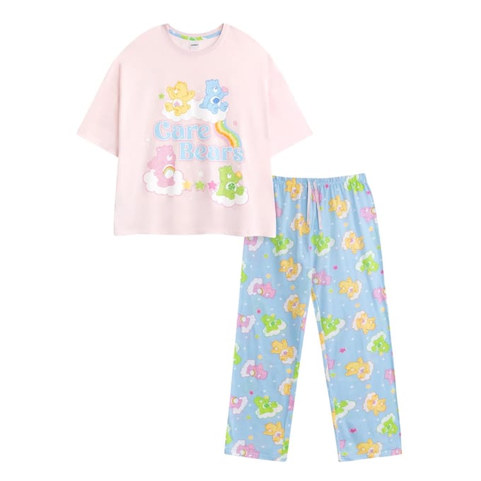 Ensemble de pyjama long à manches courtes pour femme avec personnages Care Bears M bleu/rose