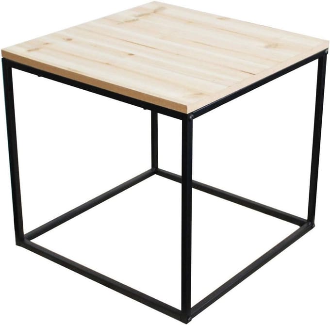 Ronde bijzettafel met metalen frame en houten blad