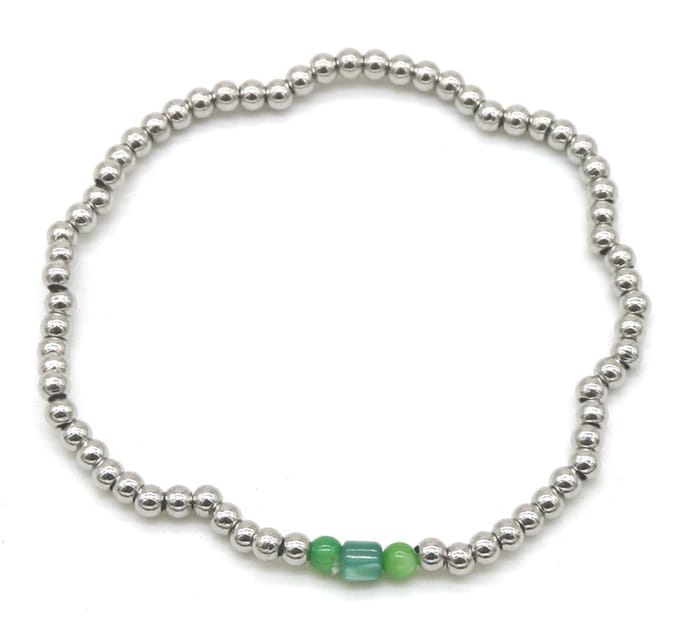 Armband Dames - Elastisch - Zilverkleurige Kralen RVS - Groene Aventurijn