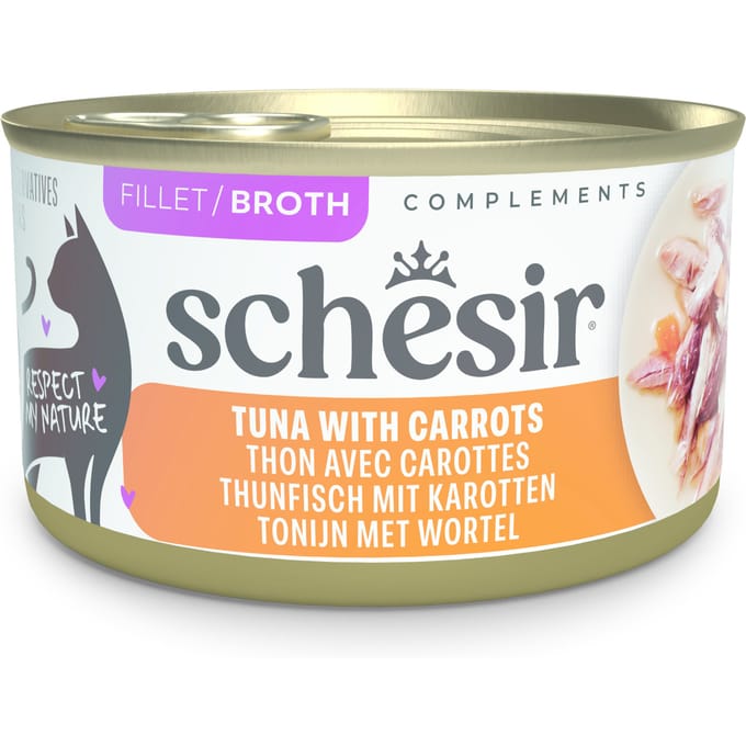 12x 70g Schesir Complements in Brühe Thunfisch mit Karotten Katzenfutter nass