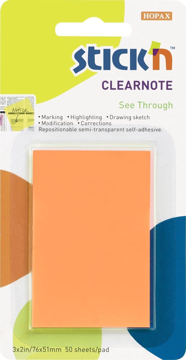 Stick'n Clear Note - Doorzichtige Note - Oranje - 76x50mm - 50 Memoblaadjes