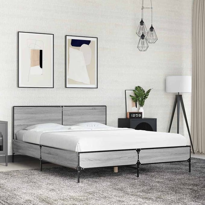 vidaXL - Bedframe - bewerkt - hout - metaal - grijs - sonoma - eiken - 140x190 - cm