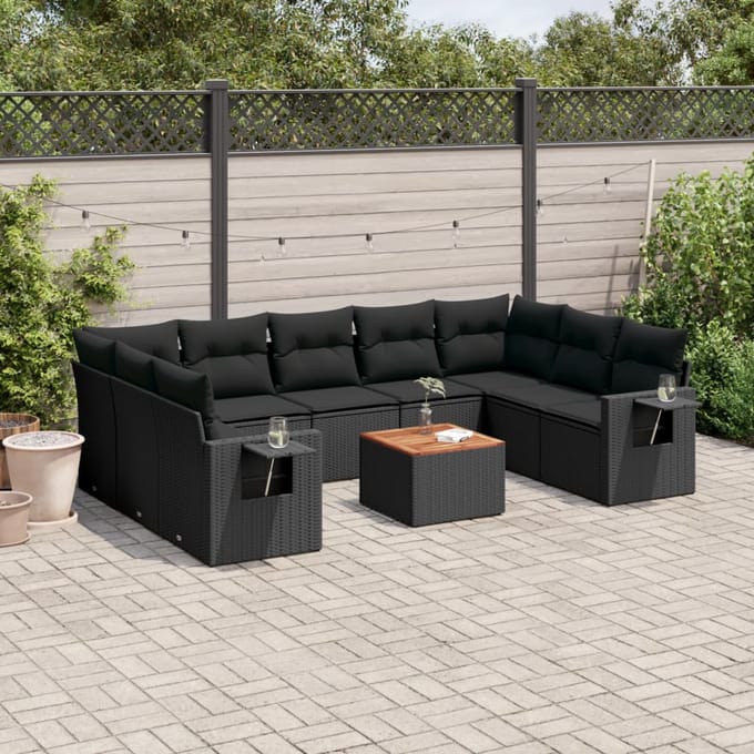vidaXL 10-delige Loungeset met kussens poly rattan zwart