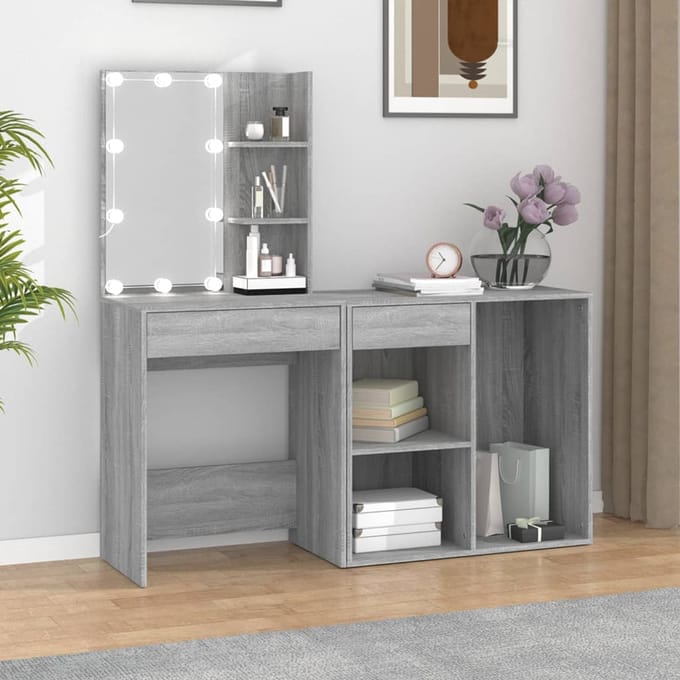 vidaXL - Kaptafel - met - kastjes - LED - bewerkt - hout - grijs - sonoma - eiken