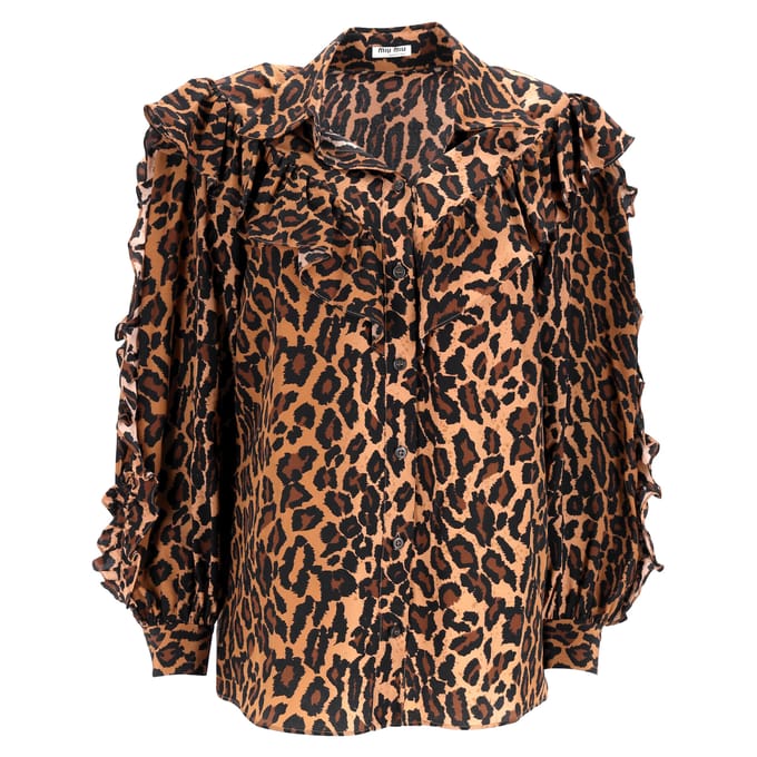 Miu Miu blouse met luipaardprint en ruches in bruine zijde
