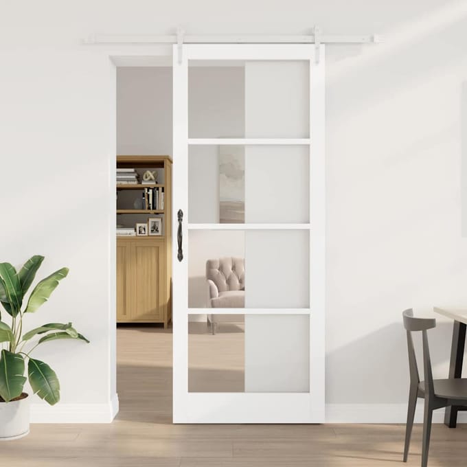 vidaXL - Schuifdeur - 93 - x - 232 - cm - Massief - grenenhout - en - glas - Wit