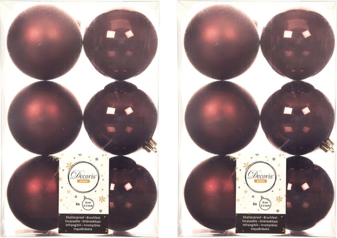 Decoris Kerstballen - 24x st - mahonie bruin - D8 cm - kunststof - mat/glans - kerstversiering