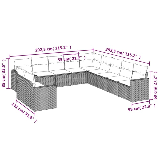 vidaXL - 11-delige - Loungeset - met - kussens - poly - rattan - grijs