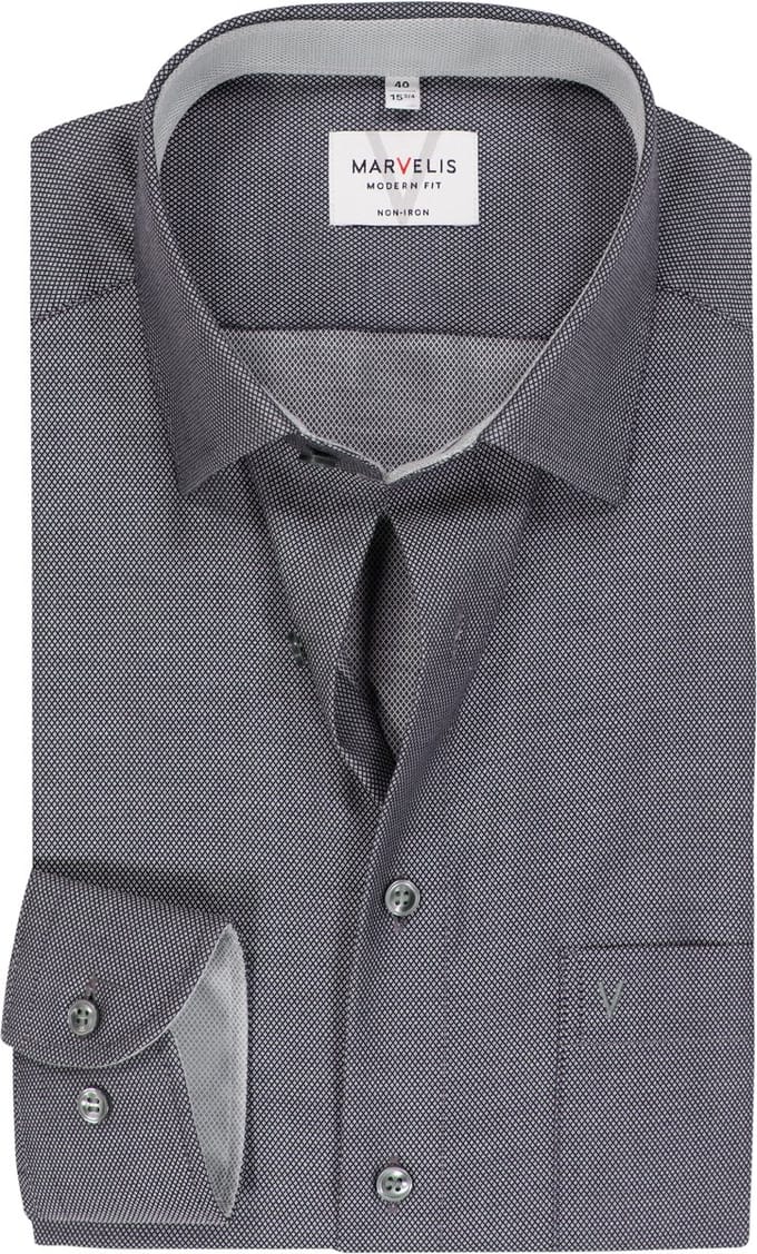 MARVELIS modern fit overhemd - zwart structuur (contrast) - Strijkvrij - Boordmaat: 43