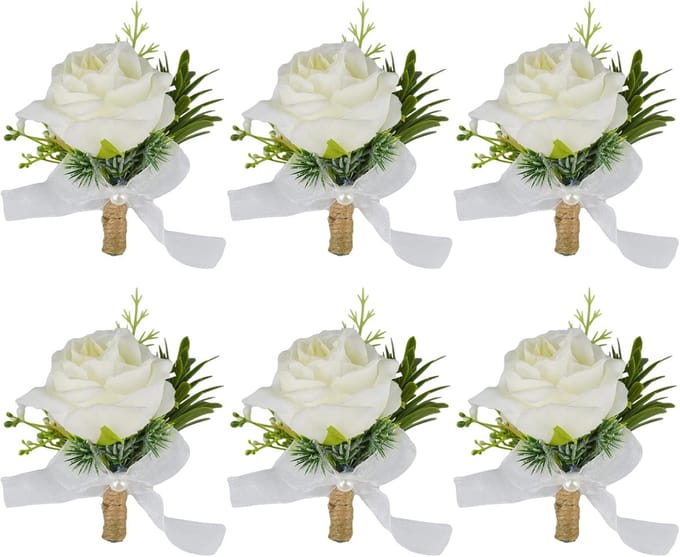 6x Witte Kunstbloemen Corsage Bruiloft Bruidspaar X Broche Strik Accessoire