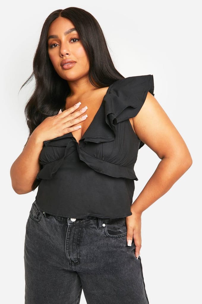 boohoo Dames Plus Ruchestop met strikband achter | Zwart | Maat: 56