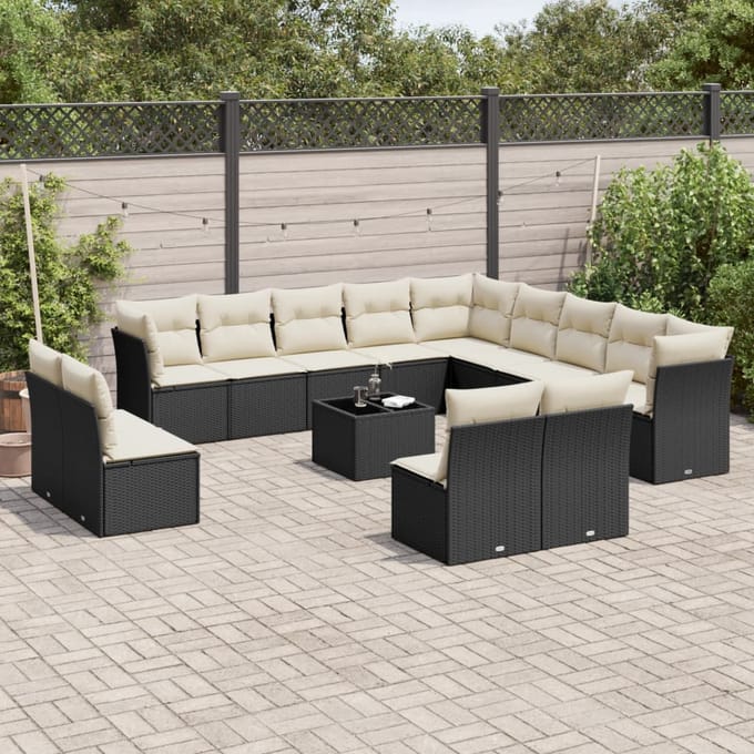 vidaXL - 14-delige - Loungeset - met - kussens - poly - rattan - zwart