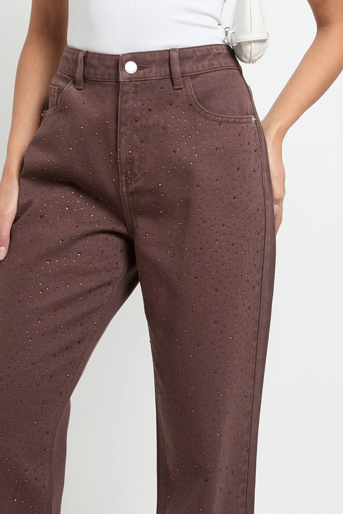 boohoo Dames Versierde hoge taille, wijde pijpen spijkerbroek | Chocoladebruin | Maat: 36
