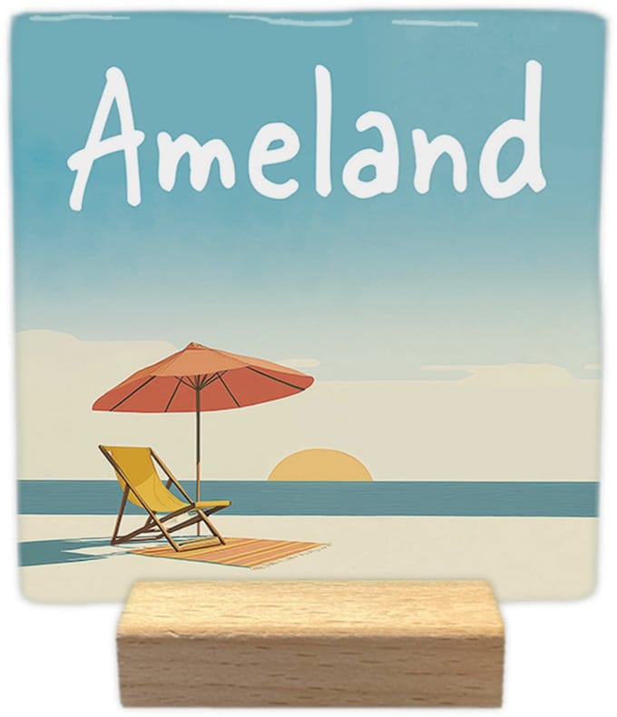 Ameland - Keramische decoratie tegel - incl. houten presenteerblok