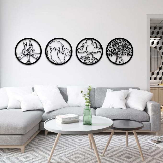 Metalen Wanddecoratie Vier Elementen – 3D Wandkunst – 25 x 25 cm