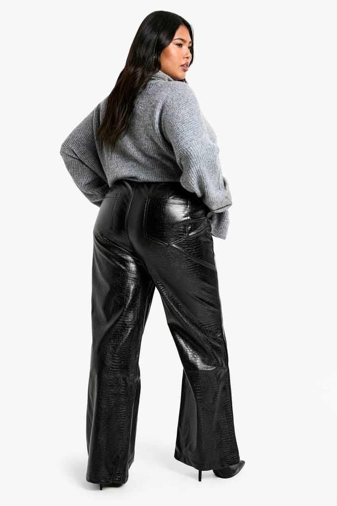 boohoo Dames Plus Croc Pu Straight Leg Broek | Black | Maat: 16