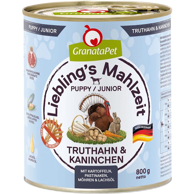 Voordeelpakket GranataPet Lievelingsmaaltijd 12 x 800 g - Puppy Kalkoen & Konijn met Aardappel, Pastinaak, Wortel & Zalmolie
