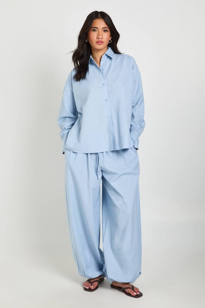 boohoo Dames Oversized Shirt Met Linnen Look | Blauw | Maat: 36