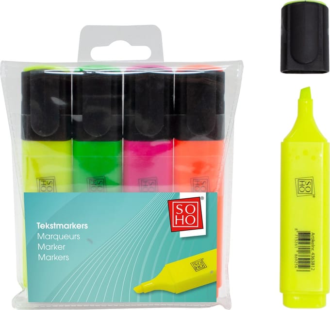 SOHO Tekstmarkers - Neon – Set van vier stuks – Met etui – Roze/oranje/groen/geel