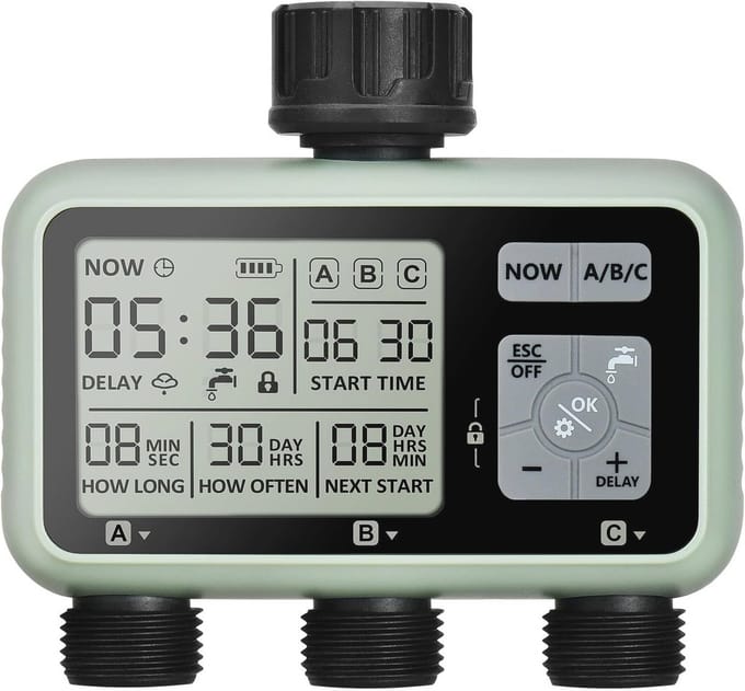 Programmeerde irrigatietimer met 3 uitgangen, regenvertraging en handmatige modus voor tuin en gazon