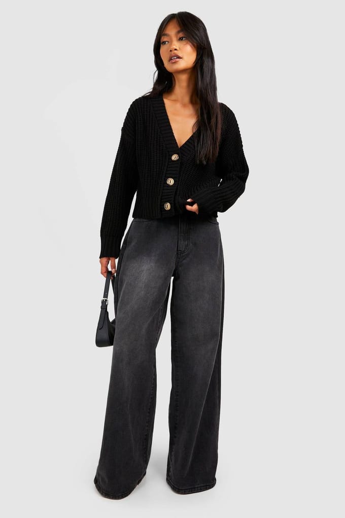 boohoo Dames Button Through Crop Cardigan | Zwart | Maat: Large