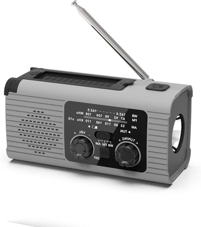 Noodradio - Zaklamp Radio - Buitenactiviteiten - Drie oplaadmethoden - Draagbaar - Grijs