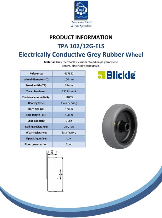 Wiel van 100 mm met grijs, elektrisch geleidend thermoplastisch rubber op een polypropyleen basis