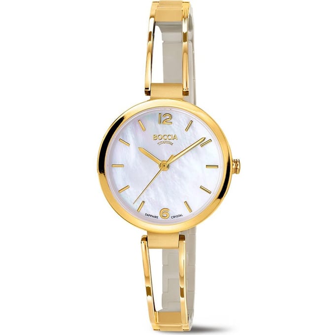 Boccia Titanium 3354-02 Dames Horloge - Saffierglas - Goudkleurig - 30 mm breed - Quartz - Vouw/Vlindersluiting - 5 ATM (douchen)