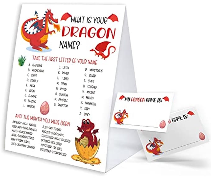 Naamspel Draak - Babyshower spel - Feestactiviteit organiseren - Uniek ontwerp - 30 naamplaatjes - Multicolor