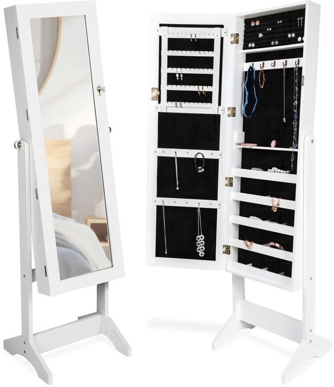 tectake® Luxe Spiegelkast - Met extra grote Spiegel - Kantelbaar - Diverse kleuren - Sieradenkast - Staande Accessoirekast - ca. 147 x 45 x 37 cm - Wit