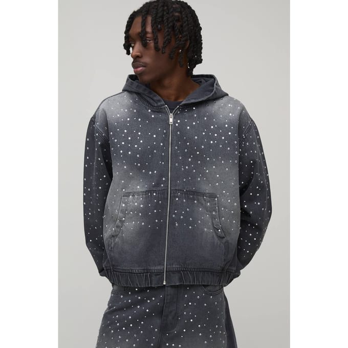 Gewassen Rhinestone Boxy Oversized Hoodie Van Denim Met Rits | Grey | Size XL