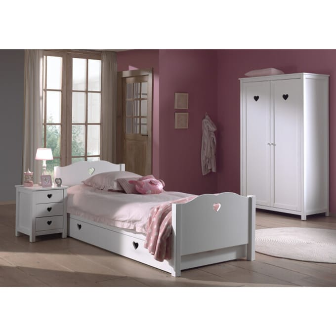 LUCEVI - Amori bed + Nachtkastje + 2 Deurs Kleerkast + Rolbed - Wit - 90x200 cm
